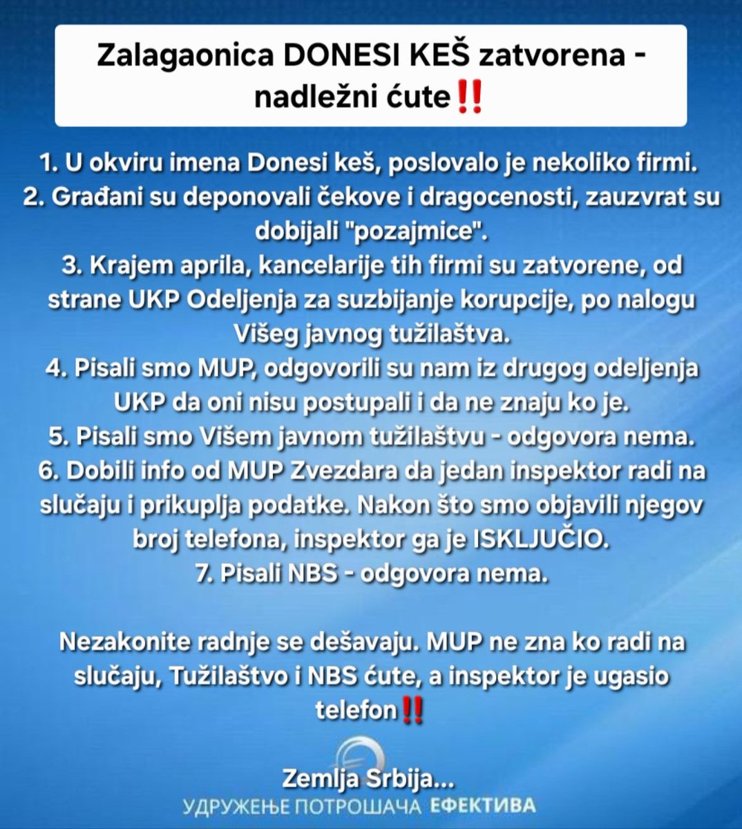 Predlažemo:

Građani koji su deponovali dragocenosti (uglavnom zlato), obavezno da pišu UKP Odeljenju za suzbijanje korupcije i Višem javnom tužilaštvu, kako bi se, eventualno saznalo šta je sa tim dragocenostima, da li je nešto zaplenjeno itd.

Građani koji su deponovali čekove,