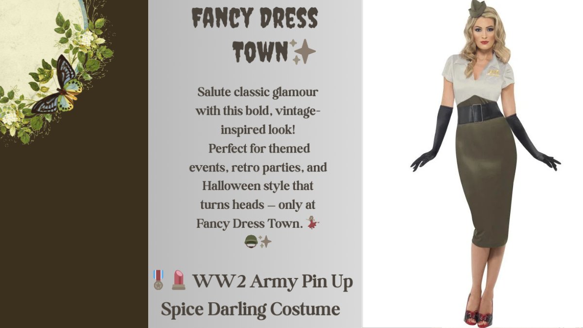 fancydresstown's tweet photo. WW2 Army Pin Up Spice Darling Costume
Salute classic glamour with this bold, vintage-inspired look!
Perfect for themed events, retro parties, and Halloween style that turns heads — only at Fancy Dress Town. 💃🪖✨ #WW2PinUp
#ArmyCostume
#VintageStyle
#40sCostume
#FancyDressTown https://t.co/Piw8HdVchk