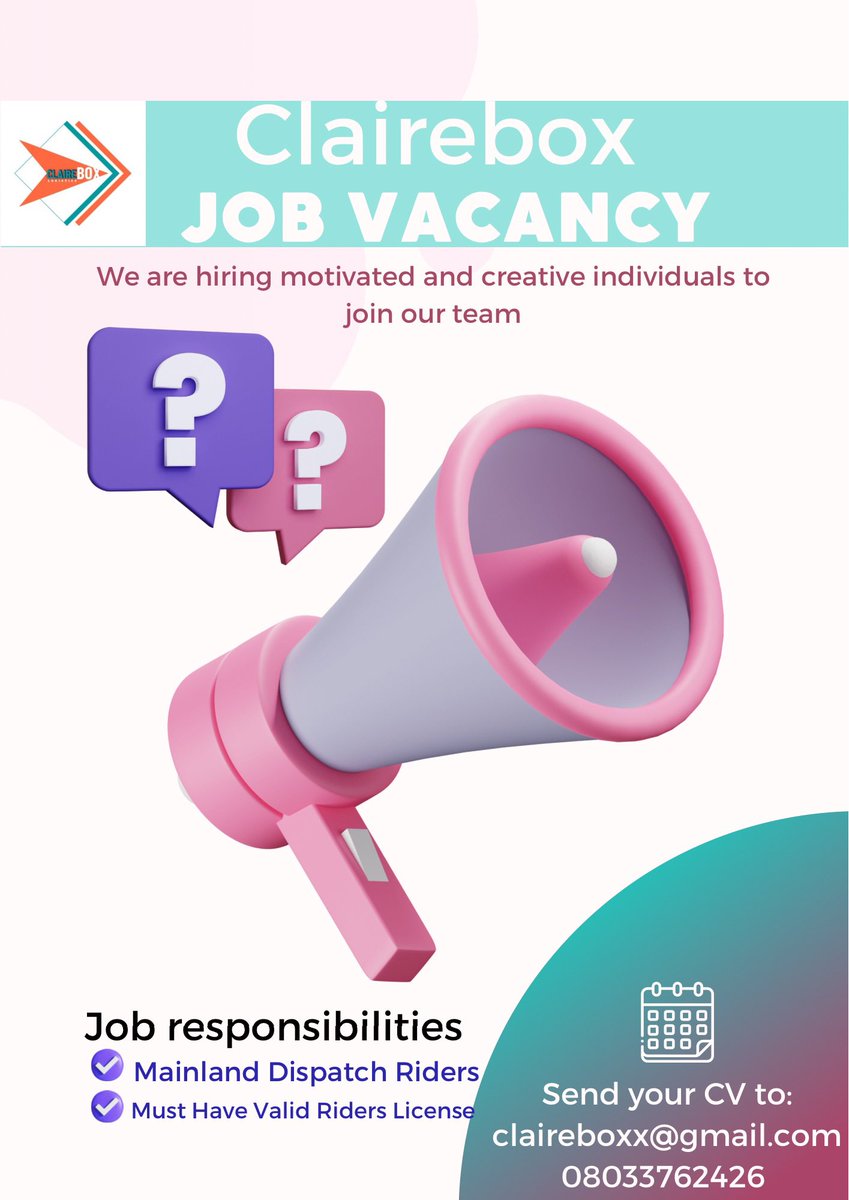 Claireboxz's tweet photo. We hiring competent and dedicated mainland riders with vast knowledge of the roads in Lekki, Lagos https://t.co/ezzlw5zPbR