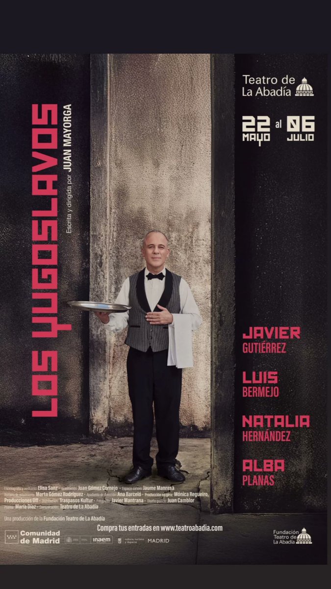MadridEsTeatro (@teatromadrid) on Twitter photo LOS YUGOSLAVOS
Texto y dirección✍️📣: Juan Mayorga
Reparto: Luis Bermejo, Javier Gutiérrez, Natalia Hernández y Alba Planas
🗓️del 22 de mayo a 29 de junio 📍<a href="/teatroabadia/">Teatro de La Abadía</a>
👉 madridesteatro.com/los-yugoslavos… LOS YUGOSLAVOS
Texto y dirección✍️📣: Juan Mayorga
Reparto: Luis Bermejo, Javier Gutiérrez, Natalia Hernández y Alba Planas
🗓️del 22 de mayo a 29 de junio 📍<a href="/teatroabadia/">Teatro de La Abadía</a>
👉 madridesteatro.com/los-yugoslavos…