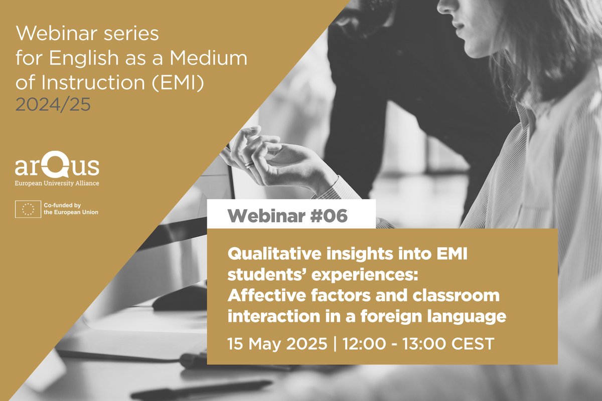 Arqus Alliance (@arqusalliance) on Twitter photo 🔔Don’t miss the #6 webinar in the EMI (English as a Medium of Instruction) series, run by <a href="/MaynoothUni/">Maynooth University</a>!
📅 Today, 15 May | 🕛12:00–13:00 CEST
💻 Registration is required!
✨ Presented by Marta Kopinska (UPV/EHU)
🔗 More info and registration:
arqus-alliance.eu/event/emi-webi… 🔔Don’t miss the #6 webinar in the EMI (English as a Medium of Instruction) series, run by <a href="/MaynoothUni/">Maynooth University</a>!
📅 Today, 15 May | 🕛12:00–13:00 CEST
💻 Registration is required!
✨ Presented by Marta Kopinska (UPV/EHU)
🔗 More info and registration:
arqus-alliance.eu/event/emi-webi…