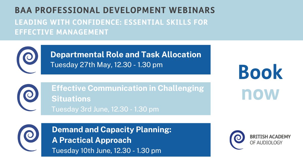 British Academy of Audiology (@baaudiology) on Twitter photo π Enhance your skills with BAA! Join our webinar series on #Leadership & #PatientCare.
π
 Topics include:
β
 Dept. Roles β May 27
β
 Comm. Skills β June 3
β
 Planning β June 10
β
 Adults β July 8
β
 Paediatrics β July 15
π Register now: baaudiology.org/the-baa-profesβ¦ π Enhance your skills with BAA! Join our webinar series on #Leadership & #PatientCare.
π
 Topics include:
β
 Dept. Roles β May 27
β
 Comm. Skills β June 3
β
 Planning β June 10
β
 Adults β July 8
β
 Paediatrics β July 15
π Register now: baaudiology.org/the-baa-profesβ¦