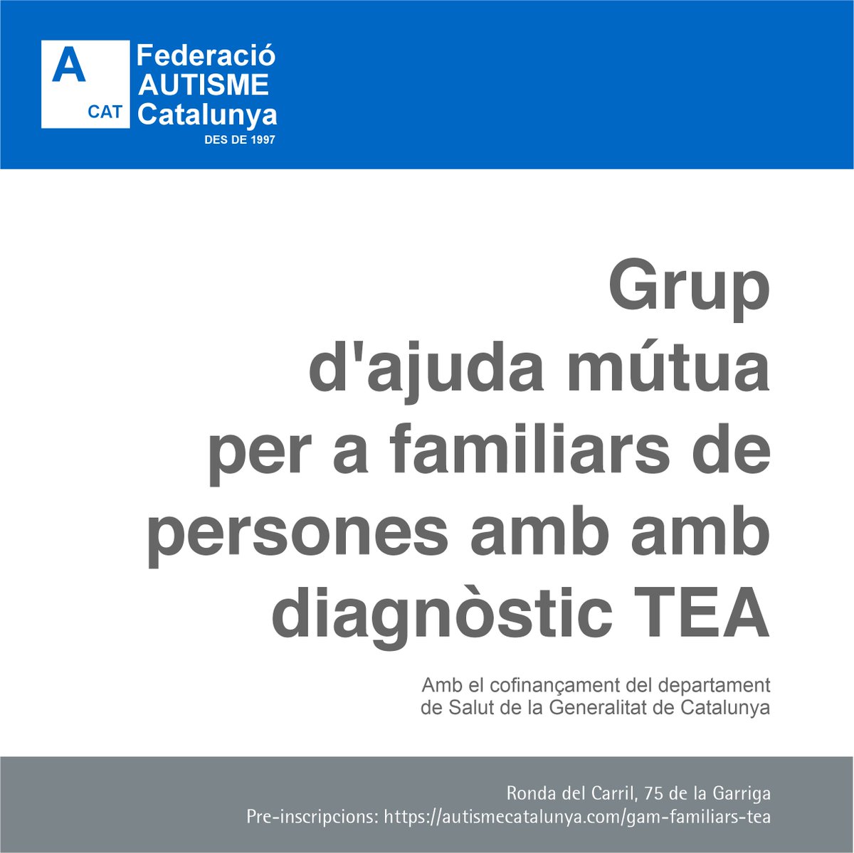 Nou Grup d'ajuda mútua (GAM) per a familiars de persones amb autisme.
Activitat gratuïta i oberta a tots els familiars de persones amb autisme.
Pre-inscripcions a: autismecatalunya.com/gam-familiars-…
Activitat té amb el cofinançament de <a href="/salutcat/">Salut</a>
