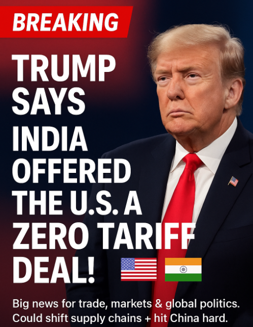 🚨 BREAKING: Trump says India offered the U.S.A ZERO TARIFF deal! 🇺🇸🇮🇳  

Big news for trade, markets &amp; global politics.
Could shift supply chains + hit China hard. 
Stay tuned, this is major. 👀 

 #TrumpTariffs  #Tariffs #TradeDeal #Markets #USIndia #investing  #stocks $NVDA