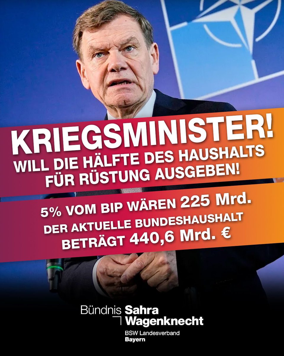 BSWBayern's tweet photo. Trumps Wahnsinn wird CDU-Programm: Wadephul will 5% des BIP fürs Militär – das wären 225 Milliarden jährlich. 

Für Bildung, Pflege &amp; bezahlbares Wohnen gibt’s angeblich kein Geld. 

Willkommen im neuen Kriegsstaat Deutschland. 

Wir stellen uns dagegen! #CDU https://t.co/XxGwaQxiWO