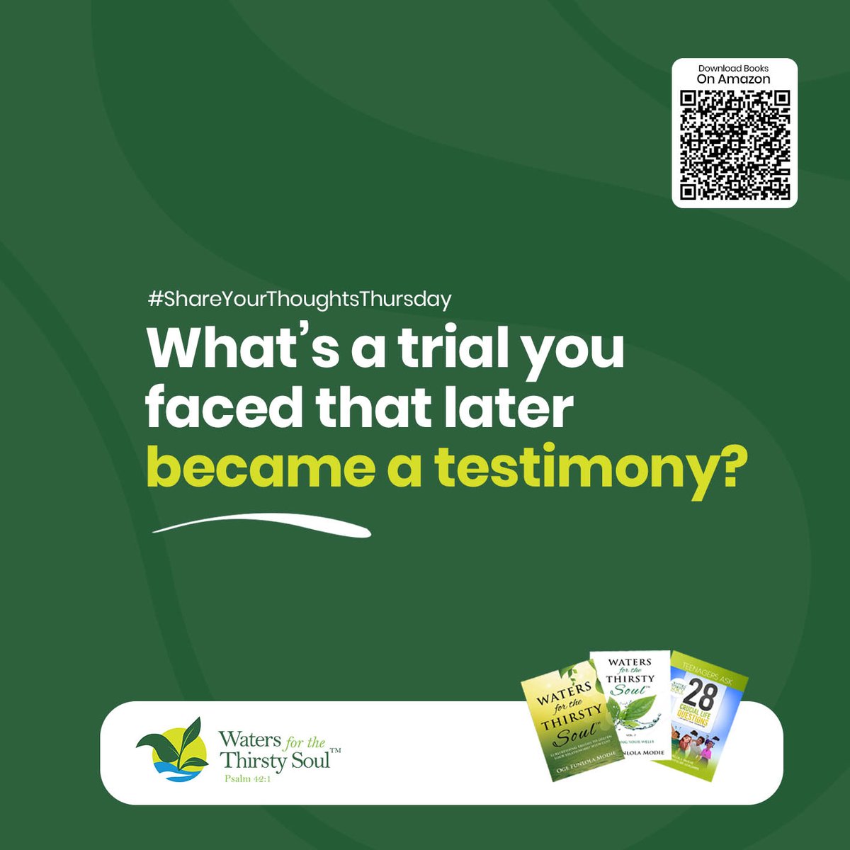 watersforsoul's tweet image. Share Your Thoughts Thursday

What’s one trial you faced that, in hindsight, became a powerful testimony of God’s faithfulness? 

Your story could be the encouragement someone needs today—share with us and inspire others.

#ShareYourThoughts