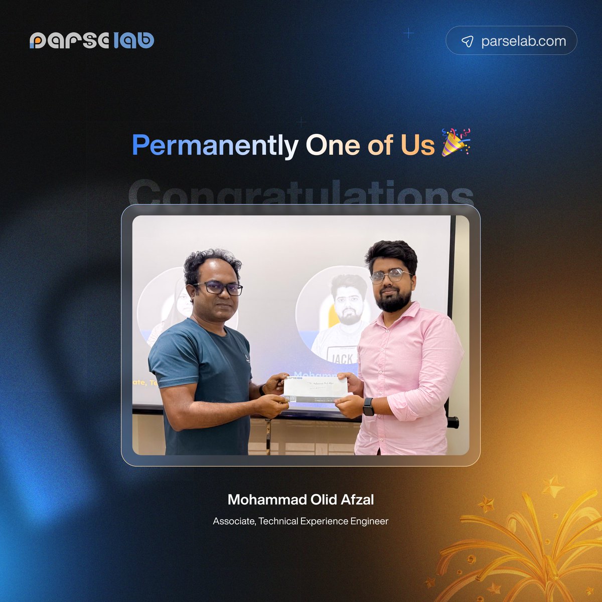 parselabllc's tweet photo. 𝐎𝐋𝐈𝐃? ✅ 𝐀 𝐏𝐞𝐫𝐦𝐚𝐧𝐞𝐧𝐭 𝐏𝐚𝐫𝐬𝐞𝐋𝐚𝐛 𝐒𝐭𝐚𝐫.
We are proud to announce that Mohammad Olid Afzal is now a permanent member of ParseLab. His dedication and commitment to task management, strong work ethic, and the nature of being an active team player made him an invaluable asset to our team.

With great pride, we recognize his achievement as he officially earns the title of Associate, Technical Experience Engineer - TXA.

Congratulations, Mr. Olid! Let's march to achieve more milestones together.

#ParseLab #TeamParseLab #CareerGrowth #WorkMilestone #Congratulations
