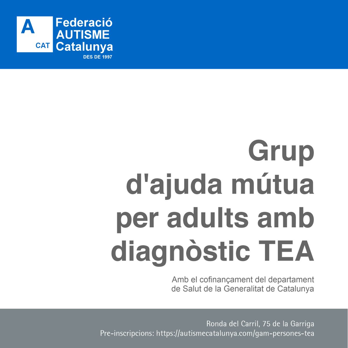 Nou Grup d’ajuda mútua (GAM) per a persones adultes amb diagnòstic de TEA.
Activitat gratuïta i oberta a totes les persones adultes amb diagnòstic d’autisme.
Pre-inscripcions a: autismecatalunya.com/gam-persones-t…
Activitat té amb el cofinançament de <a href="/salutcat/">Salut</a>