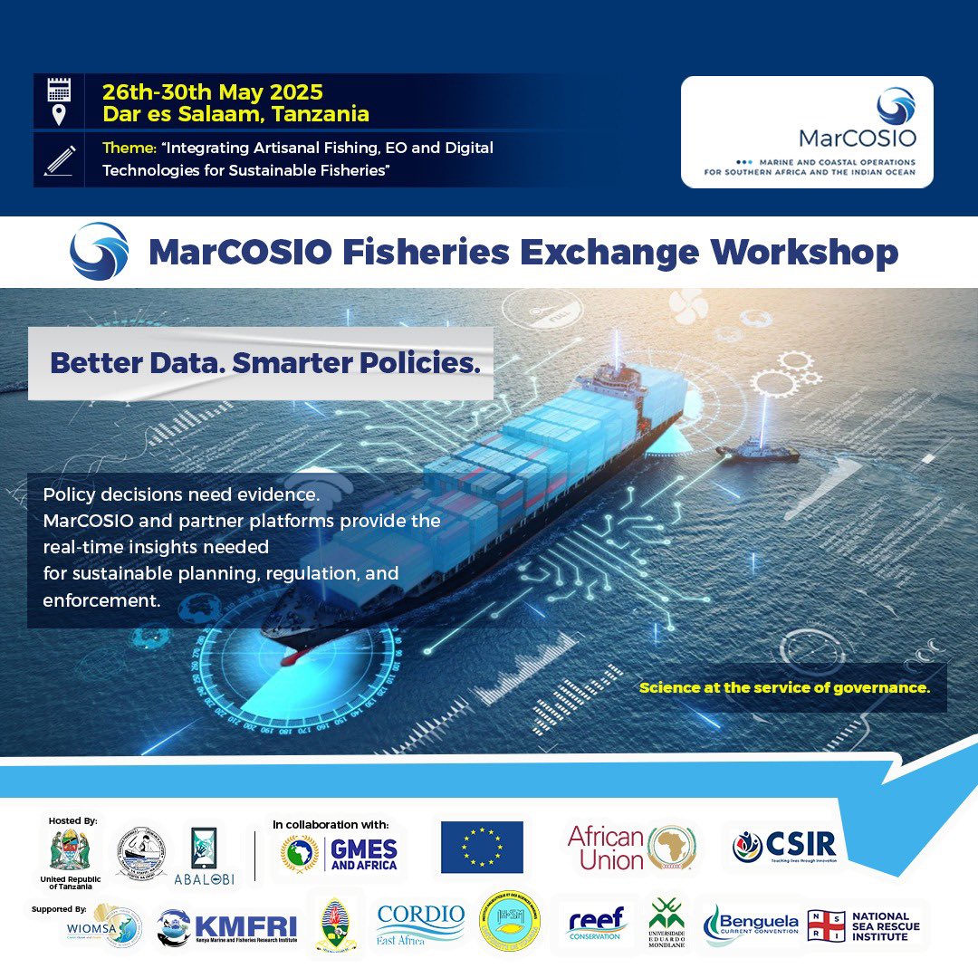 SalmartDiplomat's tweet photo. Better Data. Smarter Policies.
When satellite tech meets coastal wisdom, we get powerful tools for sustainable fisheries and smarter governance.
MarCOSIO Fisheries Exchange Workshop
26–30 May 2025
Ramada Resort, Dar es Salaam
#MarCOSIO #SmartFisheries #BlueEconomy #GMESandAfrica https://t.co/52kfuLo0hN