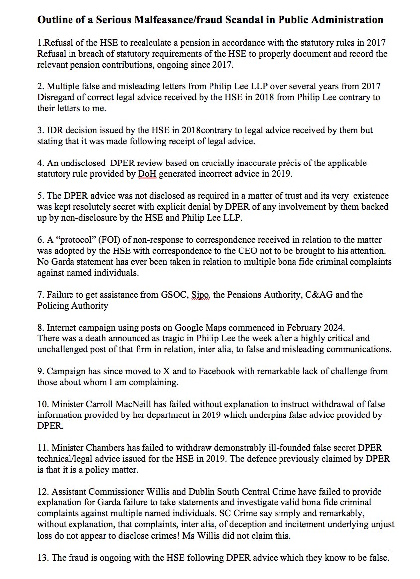 TomTSHogan's tweet image. In Ireland a public body can apparently continue indefinitely to commit fraud with impunity for all concerned when they have backing from Merrion Street.
An HSE fraud is ongoing for eight years as per the attached outline.