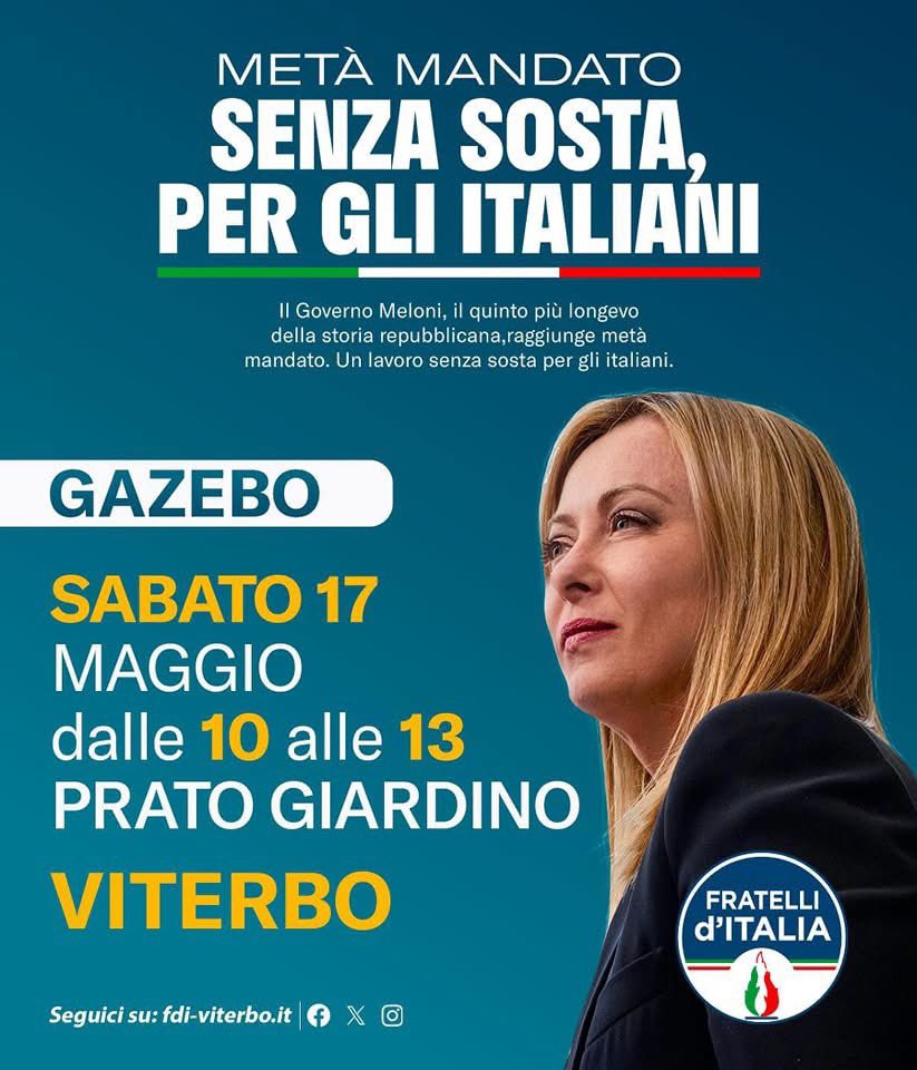 Sabato 17, dalle 10 alle 13, vi aspettiamo al gazebo di Fratelli d'Italia, all'ingresso di Prato Giardino, per raccontare i risultati raggiunti dal Governo Meloni a metà mandato. 

Un’occasione per confrontarci e condividere i traguardi di questi primi due anni e mezzo di lavoro