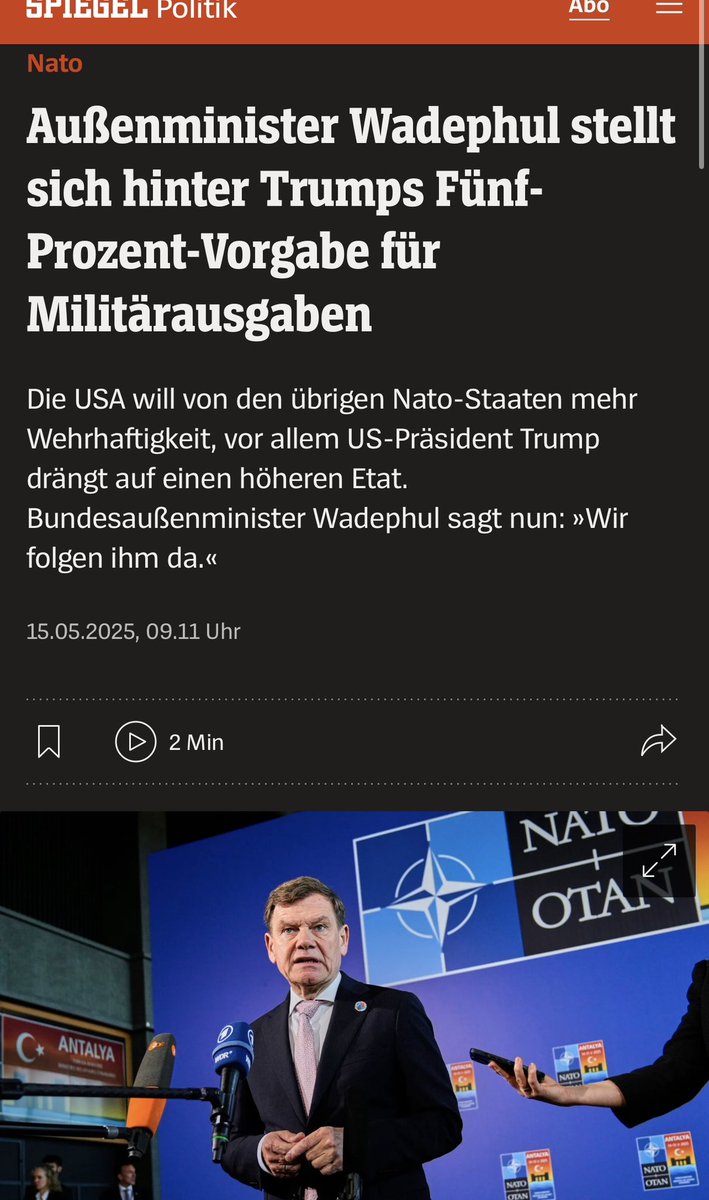 Außenminister #Wadephul in Vasallentreue  zu  den #USA und  #Trump. Deutschland soll künftig 225 000 000 000 (Milliarden) Euro ‼️ jährlich für Militär und Rüstung ausgeben. Das wären dann fast 50 Prozent des gesamten Bundeshaushalts. Was ein Wahnsinn! Der soziale Kahlschlag ist