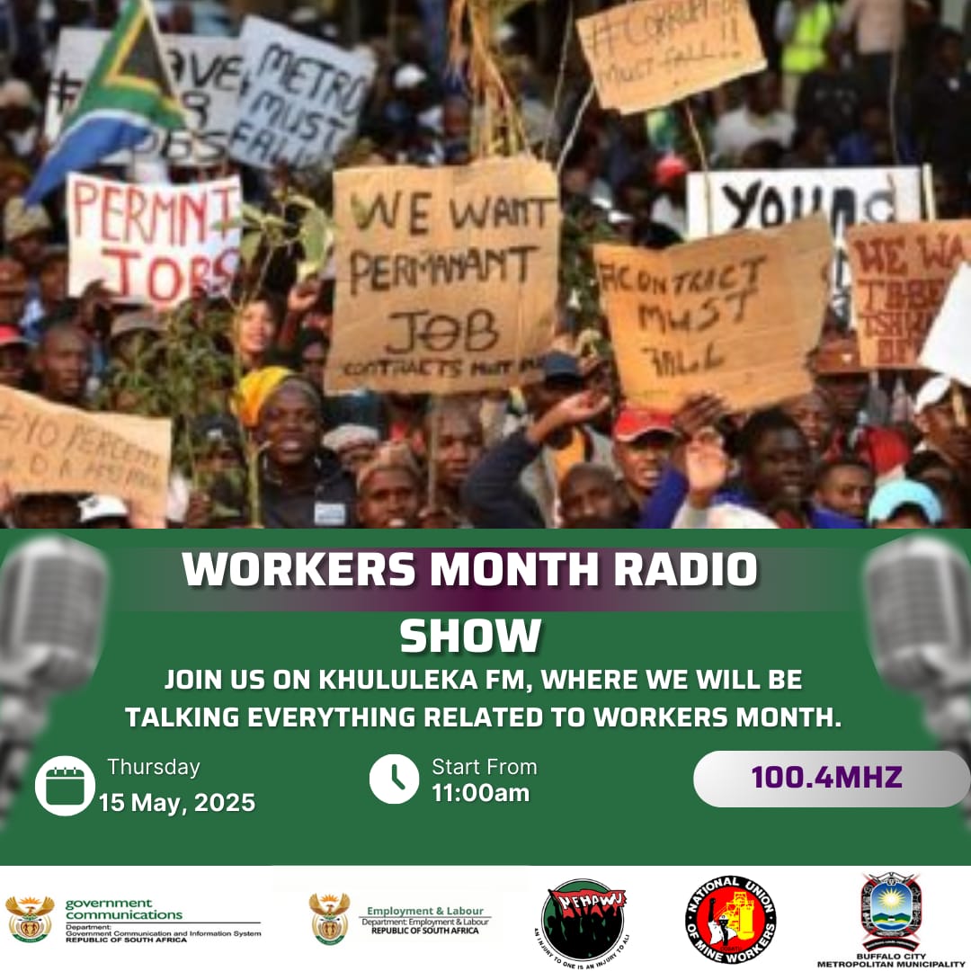 GCIS_ECape's tweet photo. Join GCIS office in Buffalo City Metro in partnership with Khululeka FM as we talk everything Worker's Month. Our specialist on Employment Standards from the Department of Employment and About will be in studio with representatives from NEHAWU and NUM.
#GCIS_EC
#WorkersMonth
@deptoflabour @NehawuEC