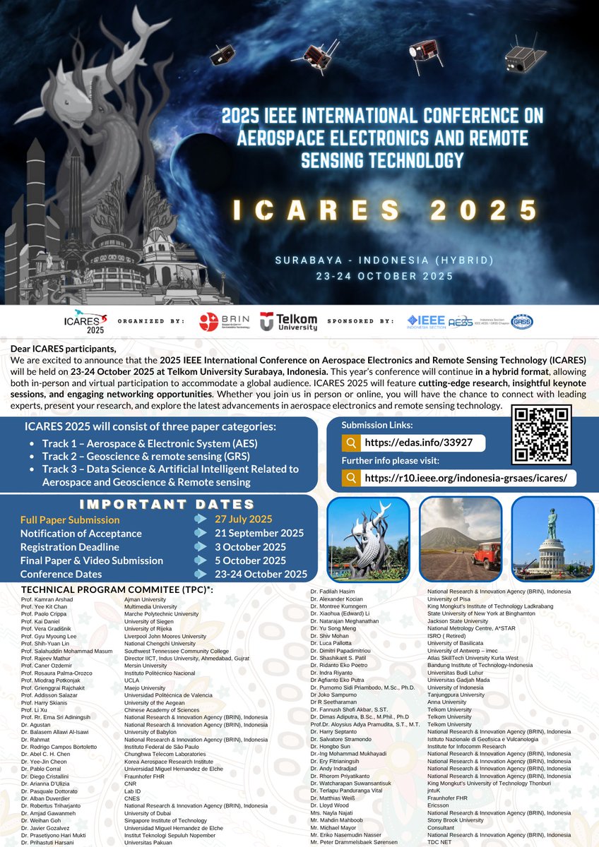 Organisasi Riset Penerbangan dan Antariksa (ORPA) (@orpa_brin) on Twitter photo Dear ICARES participants,
Submit your paper using the following EDAS Submission Links:
edas.info/33927
For the further information, please visit:
r10.ieee.org/indonesia-grsa…
or email us at icares2025-chairs@edas.info
See you in ICARES 2025!
#ICARES2025 Dear ICARES participants,
Submit your paper using the following EDAS Submission Links:
edas.info/33927
For the further information, please visit:
r10.ieee.org/indonesia-grsa…
or email us at icares2025-chairs@edas.info
See you in ICARES 2025!
#ICARES2025