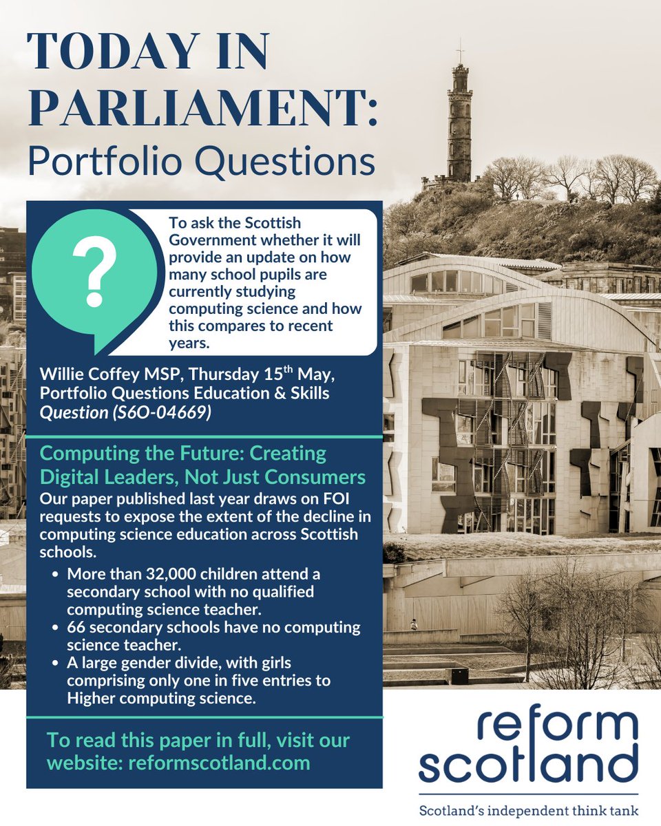 reformscotland (@reformscotland) on Twitter photo Today in <a href="/ScotParl/">Scottish Parliament</a>, <a href="/williecoffeysnp/">willie coffey</a> will ask for an update on the number of pupils in Scotland studying computing science.
Our findings show the extent of this decline with examples below. Read in full here: reformscotland.com/publication/co… Today in <a href="/ScotParl/">Scottish Parliament</a>, <a href="/williecoffeysnp/">willie coffey</a> will ask for an update on the number of pupils in Scotland studying computing science.
Our findings show the extent of this decline with examples below. Read in full here: reformscotland.com/publication/co…