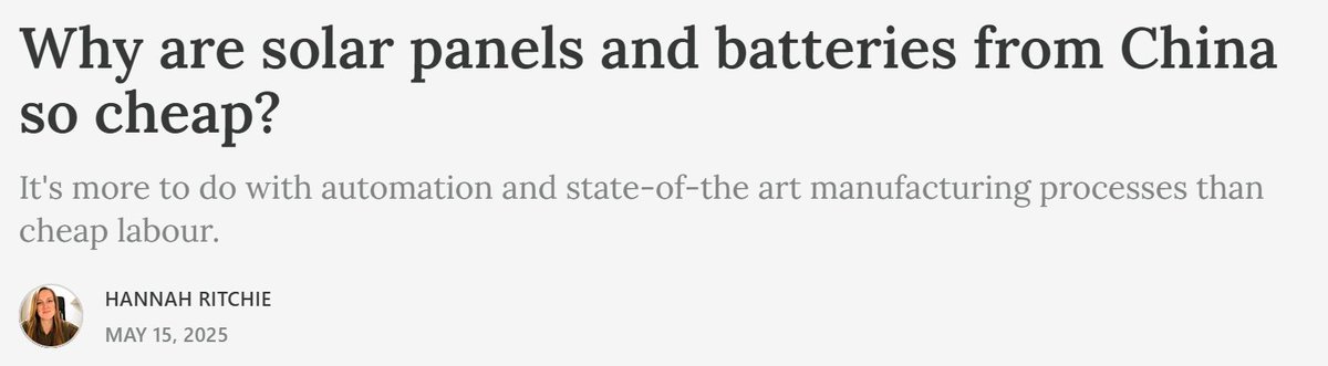 Is China's advantage in battery manufacturing  due to forced labour and state subsidies?

No, argues Hannah Ritchie.

Chinese labour costs are cheaper, but it's because of automation not low wages. In fact, US factories use six times as many workers per GWh of battery than BYD.