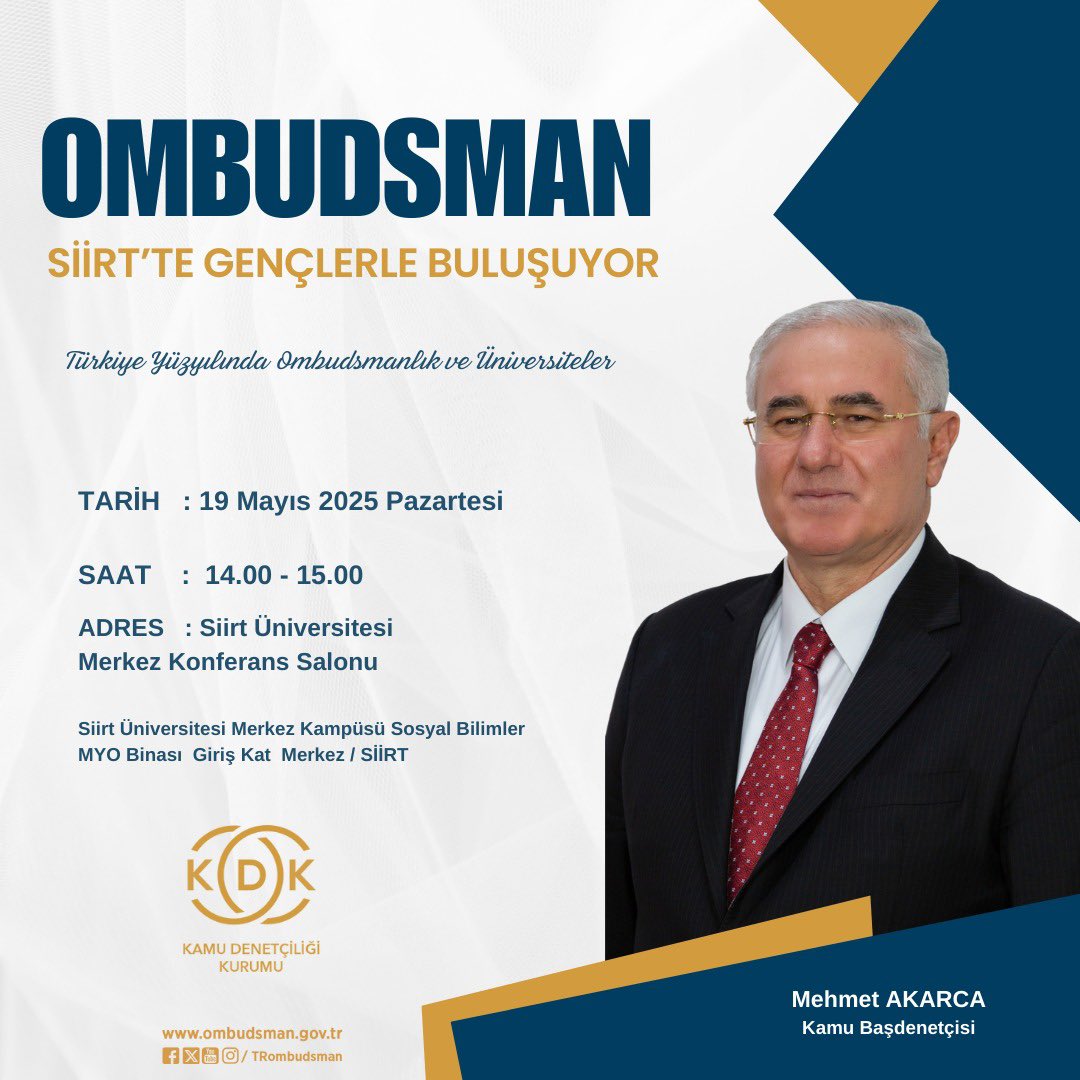 🔉Ombudsman Siirt’te Gençlerle Buluşuyor❗️

📌 19 Mayıs Atatürk’ü Anma, Gençlik ve Spor Bayramı kapsamında düzenlenecek olan “Türkiye Yüzyılında Ombudsmanlık ve Üniversiteler” konulu konferansta gençlerimizle bir araya geliyoruz.

🗓️19 Mayıs 2025/ Pazartesi

🕑14.00 -15.00