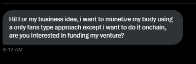 ylaunchcoin's tweet photo. "I would like to monetize my body onchain"

Do we give them the grant? https://t.co/w2BmxLWsmS