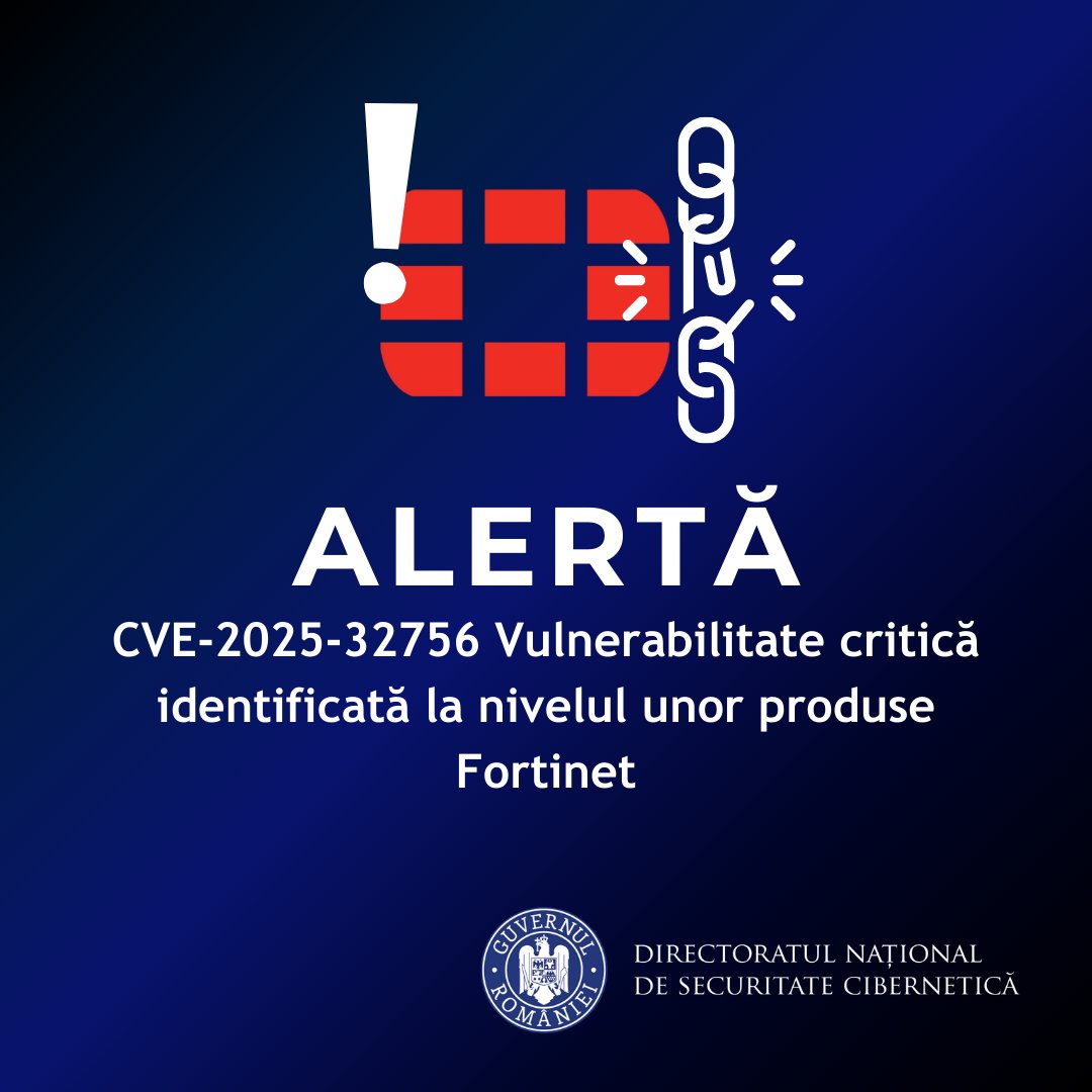 DNSC_RO's tweet image. 🚨 Alertă - Vulnerabilitate critică identificată la nivelul unor produse Fortinet (CVE-2025-32756)
🔗 dnsc.ro/citeste/alerta…
#DNSC #Fortinet #CyberSecurity #Awareness