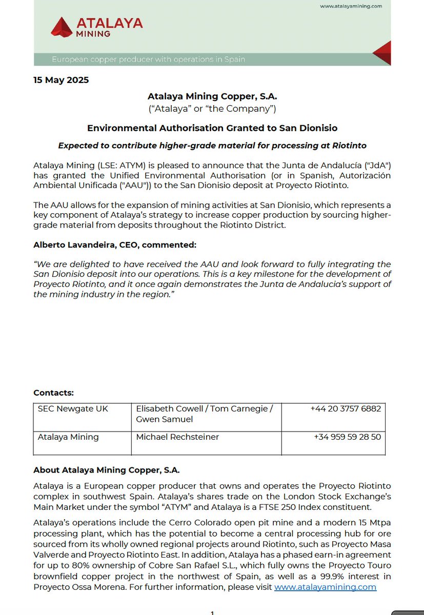 Atalaya Mining (@atalayamining) on Twitter photo We're pleased to share that the <a href="/AndaluciaJunta/">Junta de Andalucía</a> has granted the Unified Environmental Authorisation to the San Dionisio deposit at Proyecto Riotinto.
This allows us to expand our mining activities and access higher-grade material.
londonstockexchange.com/news-article/A…
#Copper $ATYM We're pleased to share that the <a href="/AndaluciaJunta/">Junta de Andalucía</a> has granted the Unified Environmental Authorisation to the San Dionisio deposit at Proyecto Riotinto.
This allows us to expand our mining activities and access higher-grade material.
londonstockexchange.com/news-article/A…
#Copper $ATYM