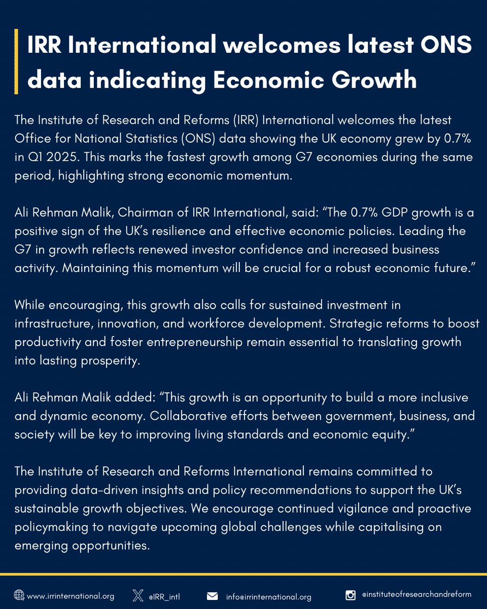 Institute of Research & Reforms, International (@irr_intl) on Twitter photo The Institute of Research and Reforms (IRR) International welcomes latest ONS data indicating #economic growth.
“Maintaining this momentum will be crucial for a robust economic future”, says <a href="/AliRehmanMalik3/">Ali Rehman Malik</a>, chairman of IRR International. The Institute of Research and Reforms (IRR) International welcomes latest ONS data indicating #economic growth.
“Maintaining this momentum will be crucial for a robust economic future”, says <a href="/AliRehmanMalik3/">Ali Rehman Malik</a>, chairman of IRR International.