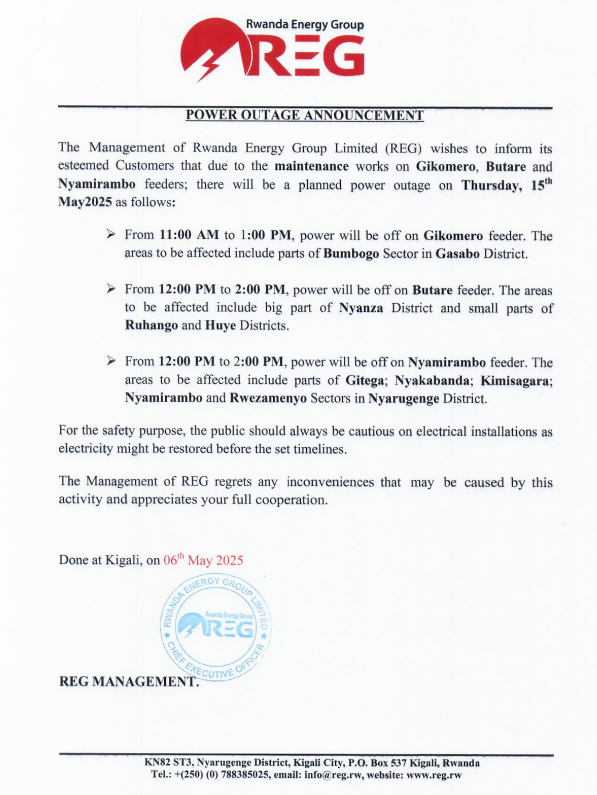 reg_rwanda's tweet photo. #Power_Outage_Alert
Today on 15th May 2025 there is a planned power outage in some parts of
@GasaboDistrict @Nyarugenge @HuyeDistrict & @RuhangoDistrict .
Please bear with us.
#Ibura_Ryumuriro
Uyu munsi tariki ya 15/05/2025 hateganyijwe ibura ry'umuriro mu bice bimwe bya @GasaboDistrict @Nyarugenge @HuyeDistrict & @RuhangoDistrict .
tubiseguyeho kubera ibura ry'umuriro riza kubura ndetse tubasabye kutwihanganira.
Murakoze.