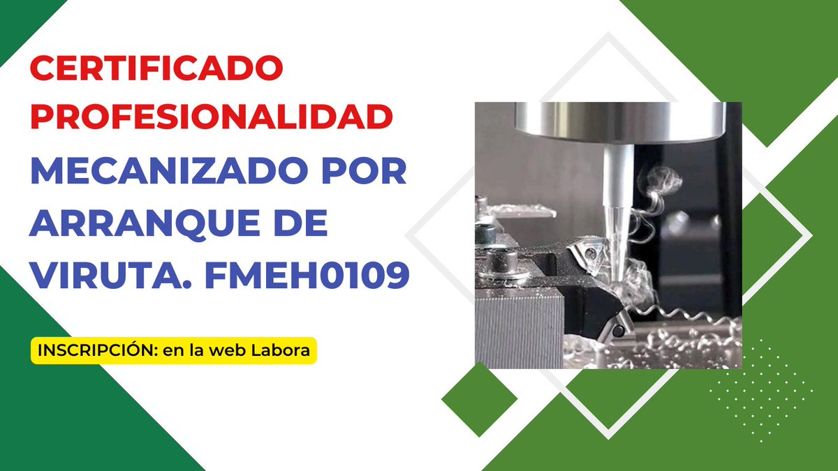 CIPFP CATARROJA. Centro Integrado Público de FP (@fpcatarroja) on Twitter photo 🔴Quieres manejar máquinas Control Numérico para sector metalmecánico (tornero fresador por ordenador)⁉️
🔵MECANIZADO POR ARRANQUE DE VIRUTA.
📌Lugar: CLF Aldaia
👉Nivel: 2
✏️Inscrip.: en la web LABORA
🚨Alta empleabilidad
<a href="/GVAlabora/">GVA LABORA</a> <a href="/GVAeducacio/">GVA Educació</a> <a href="/GvaSomFP/">GVASomFP</a> <a href="/ajuntcatarroja/">Ajuntament Catarroja</a> 🔴Quieres manejar máquinas Control Numérico para sector metalmecánico (tornero fresador por ordenador)⁉️
🔵MECANIZADO POR ARRANQUE DE VIRUTA.
📌Lugar: CLF Aldaia
👉Nivel: 2
✏️Inscrip.: en la web LABORA
🚨Alta empleabilidad
<a href="/GVAlabora/">GVA LABORA</a> <a href="/GVAeducacio/">GVA Educació</a> <a href="/GvaSomFP/">GVASomFP</a> <a href="/ajuntcatarroja/">Ajuntament Catarroja</a>