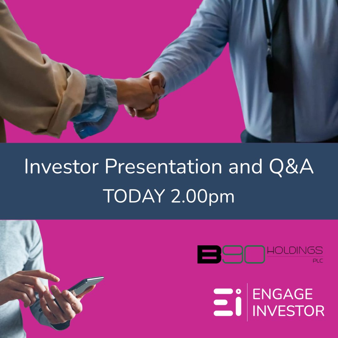 📢 Today at 2pm 📢

Don't miss out on B90 Holding's Investor Presentation and interactive Q&amp;A session!

Sign up now and pre-submit your questions! 

👇👇👇

engageinvestor.news/B90_IP25