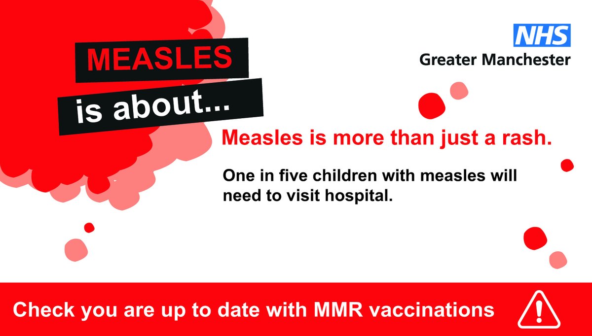 Since the start of 2025, Greater Manchester has seen an increase in confirmed measles cases, particularly in young children and babies. 

Look out for signs of measles and make sure your vaccinations are up to date.

Learn more: tamesideandglossopicft.nhs.uk/news-and-event…