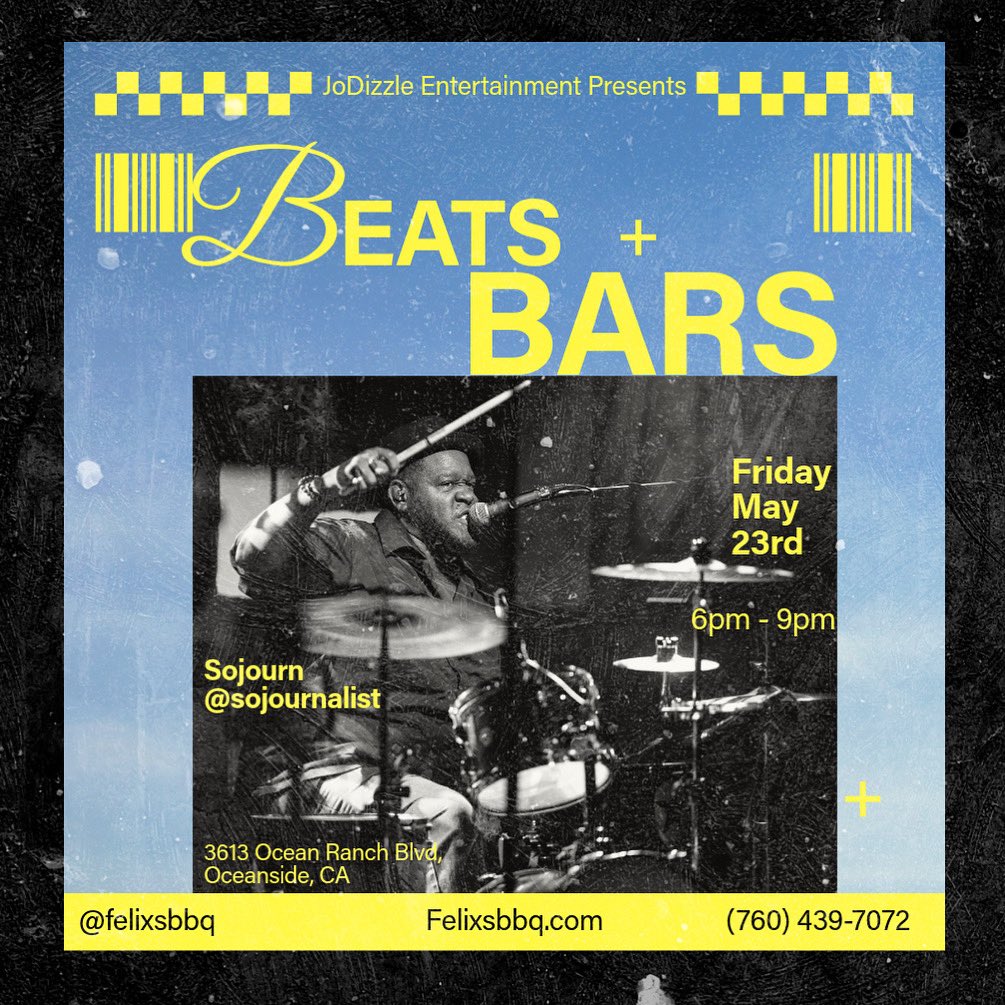 Sojourn (@sojay) on Twitter photo The residency continues! Beats & Bars: Live Hip Hop Sessions with Sojourn. Live and direct Friday May 23rd 6pm-9pm. Come through and enjoy some delicious soul food in more ways than one. I’ll play some rare grooves, jazz, funk, and yes, some of my own beats and lyrics. The residency continues! Beats & Bars: Live Hip Hop Sessions with Sojourn. Live and direct Friday May 23rd 6pm-9pm. Come through and enjoy some delicious soul food in more ways than one. I’ll play some rare grooves, jazz, funk, and yes, some of my own beats and lyrics.