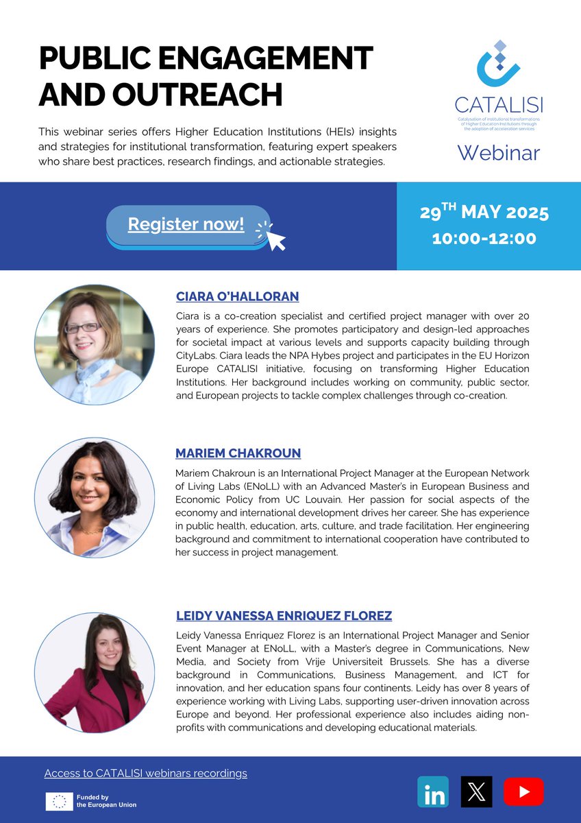 📢 Save the date! Join CATALISI's upcoming webinar on "𝐏𝐮𝐛𝐥𝐢𝐜 𝐄𝐧𝐠𝐚𝐠𝐞𝐦𝐞𝐧𝐭 𝐚𝐧𝐝 𝐎𝐮𝐭𝐫𝐞𝐚𝐜𝐡" 

🗓️ May 29th, 2025
10 AM to 12 PM CET
Don't miss out! Register now! eu01web.zoom.us/meeting/regist…