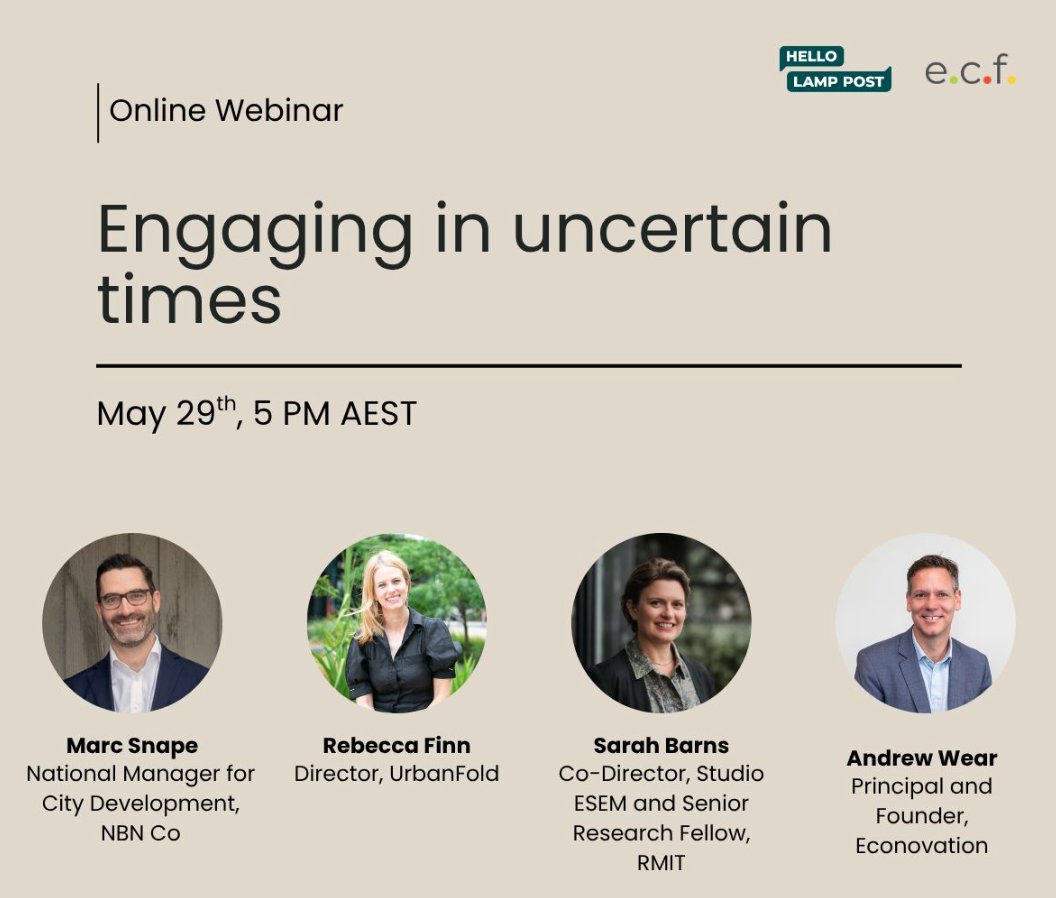 Hello Lamp Post (@hellolamppost_) on Twitter photo Engaging in Uncertain Times 📱
We’re teaming up with <a href="/ECF_UK/">Engage. Communicate. Facilitate</a> and a brilliant lineup of speakers for a webinar to explore the future of civic engagement in Australia and beyond 👥
Save your spot 🔗 tiny.hlp.city/4j3JWJe
#CivicEngagement #FutureOfEngagement #Webinar Engaging in Uncertain Times 📱
We’re teaming up with <a href="/ECF_UK/">Engage. Communicate. Facilitate</a> and a brilliant lineup of speakers for a webinar to explore the future of civic engagement in Australia and beyond 👥
Save your spot 🔗 tiny.hlp.city/4j3JWJe
#CivicEngagement #FutureOfEngagement #Webinar