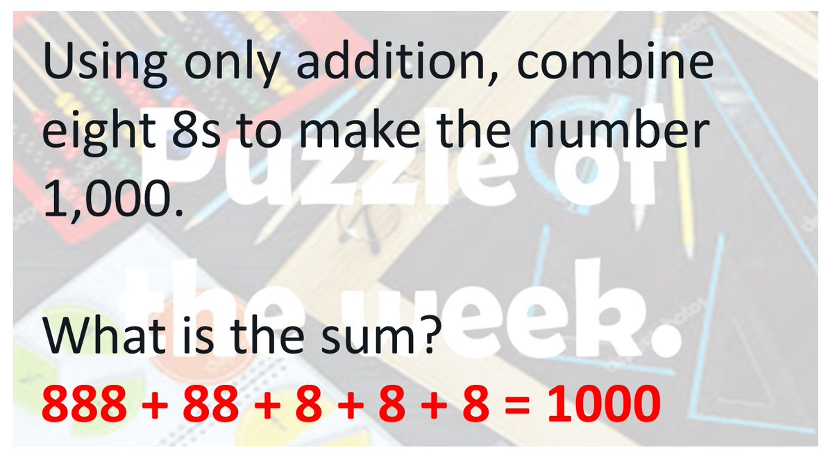 SRA_StAlbans's tweet image. * Mathematics Puzzle of the Week *
Please find the solution to Friday's Mathematics Puzzle of the Week!
#maths #PuzzleoftheWeek #MathsChallenge #funwithmaths
@SRA_Maths