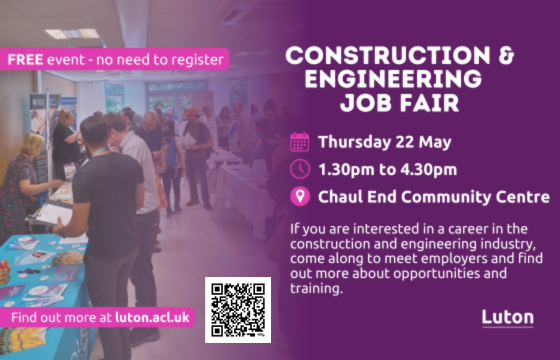 Looking to work in construction and engineering? with major investment in Luton's future such as The Stage regeneration and Luton Town FC’s new Power Court stadium, hundreds of jobs will be created. Check out the jobs fair on 22nd May
<a href="/lutoncouncil/">Luton Council</a>
lutonacl.ac.uk/news-events/up…