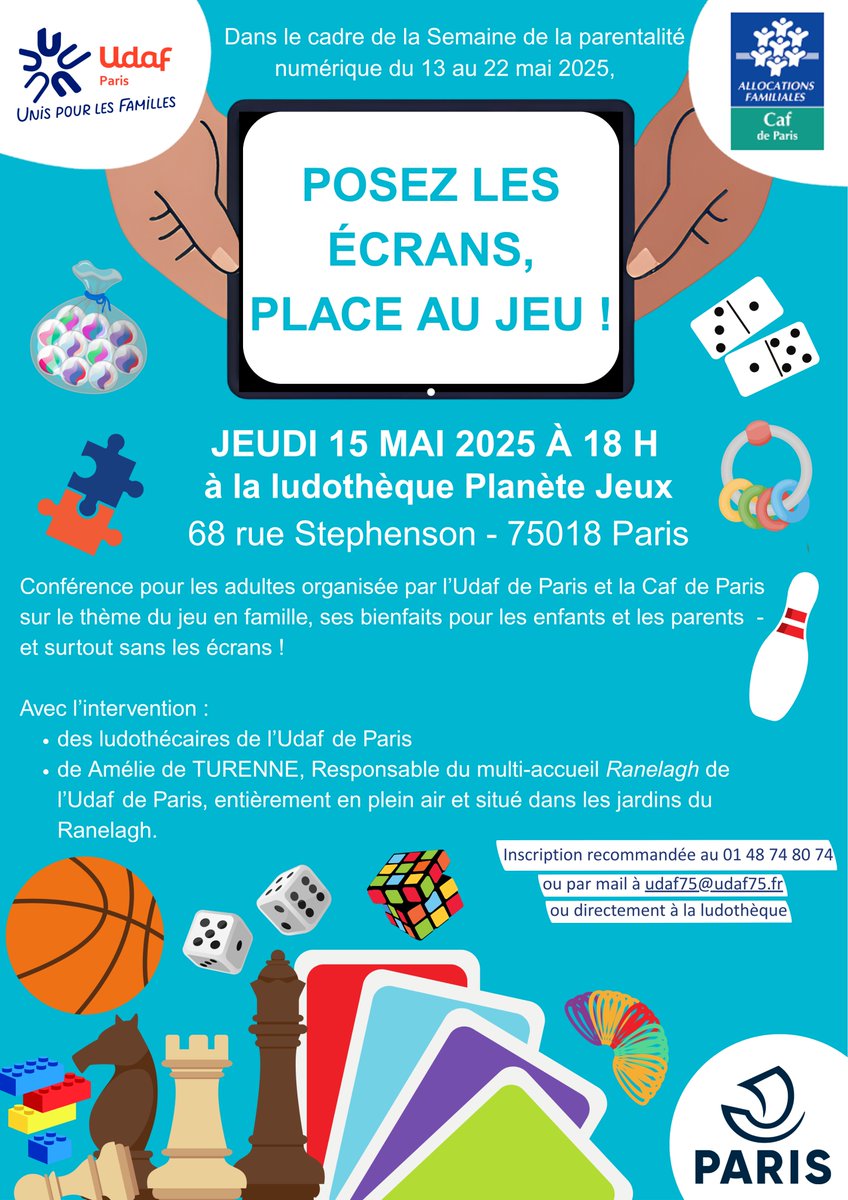 Dernière chance de vous inscrire à notre conférence « Posez les écrans, place au jeu ! » ce soir à 18h à la ludothèque Planète Jeux. 🪁🎯🏸🎲On y parlera du jeu en famille, ses bienfaits pour les enfants et les parents et surtout SANS les écrans ! 📵Venez nombreux !