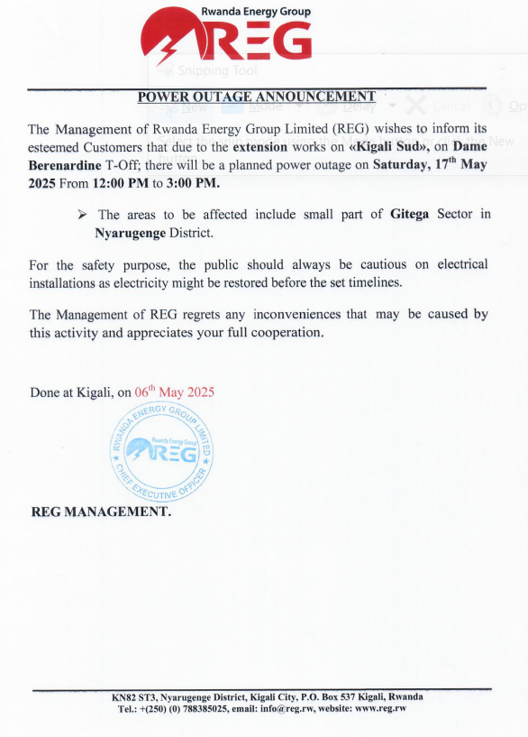 reg_rwanda's tweet photo. #Power_Outage_Alert
On 17th May 2025 there is a planned power outage in some parts of @Nyarugenge .
Please plan accordingly to avoid interruption.
#Ibura_Ryumuriro
Tariki ya 17/05/2025 hateganyijwe ibura ry'umuriro mu bice bimwe bya @Nyarugenge .
Mutwihanganire.
Murakoze.