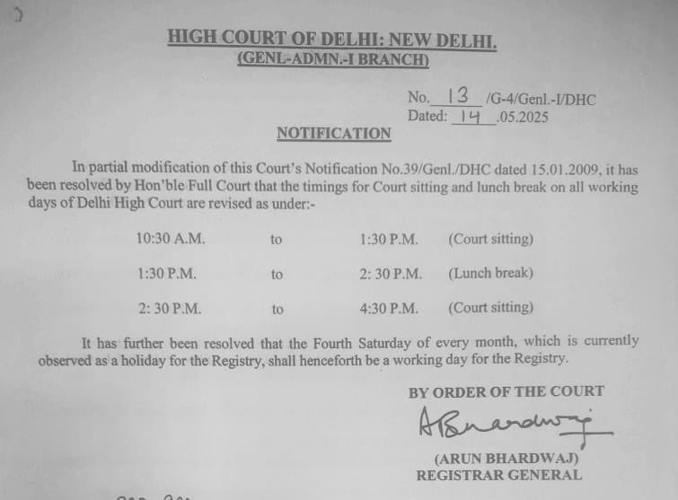 Delhi High Court revises its sitting and lunch break timings. 

Morning shift timings are 10:30 AM to 1:30 PM. Lunch break is from 1:30 PM to 2:30 PM and Afternoon shift from 2:30 PM to 4:30 PM. 

This comes after SC order calling out judges’ frequent breaks.

#DelhiHighCourt