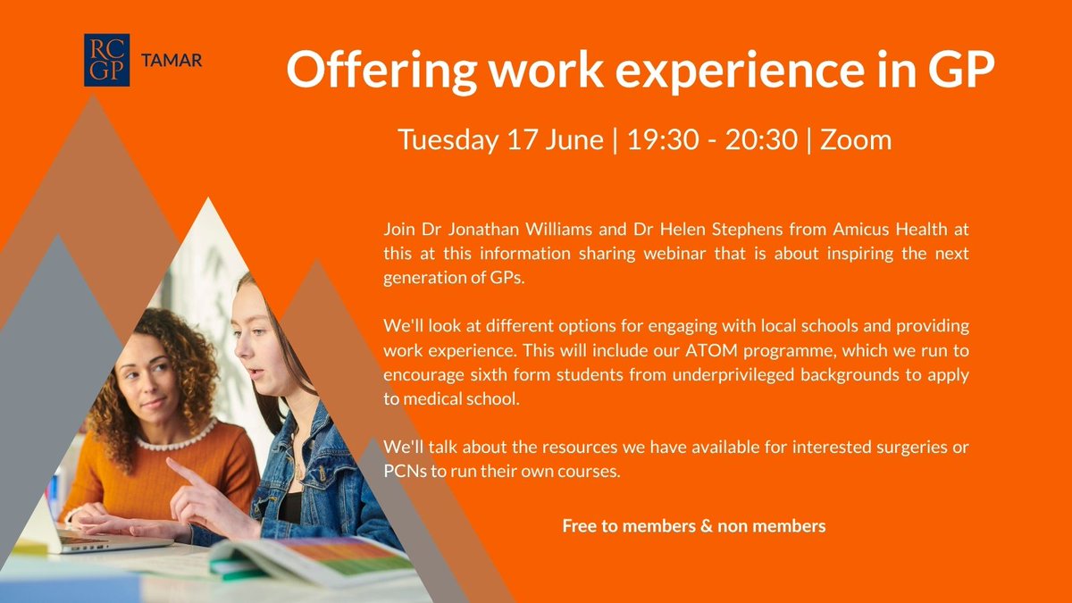 Join local Tamar GPs to discover how they are offering work experience to local sixth formers, bring your questions, learn about the resources they can share if you're interested in running your own work experience course FREE TO ALL! 

tinyurl.com/26czyvsj
