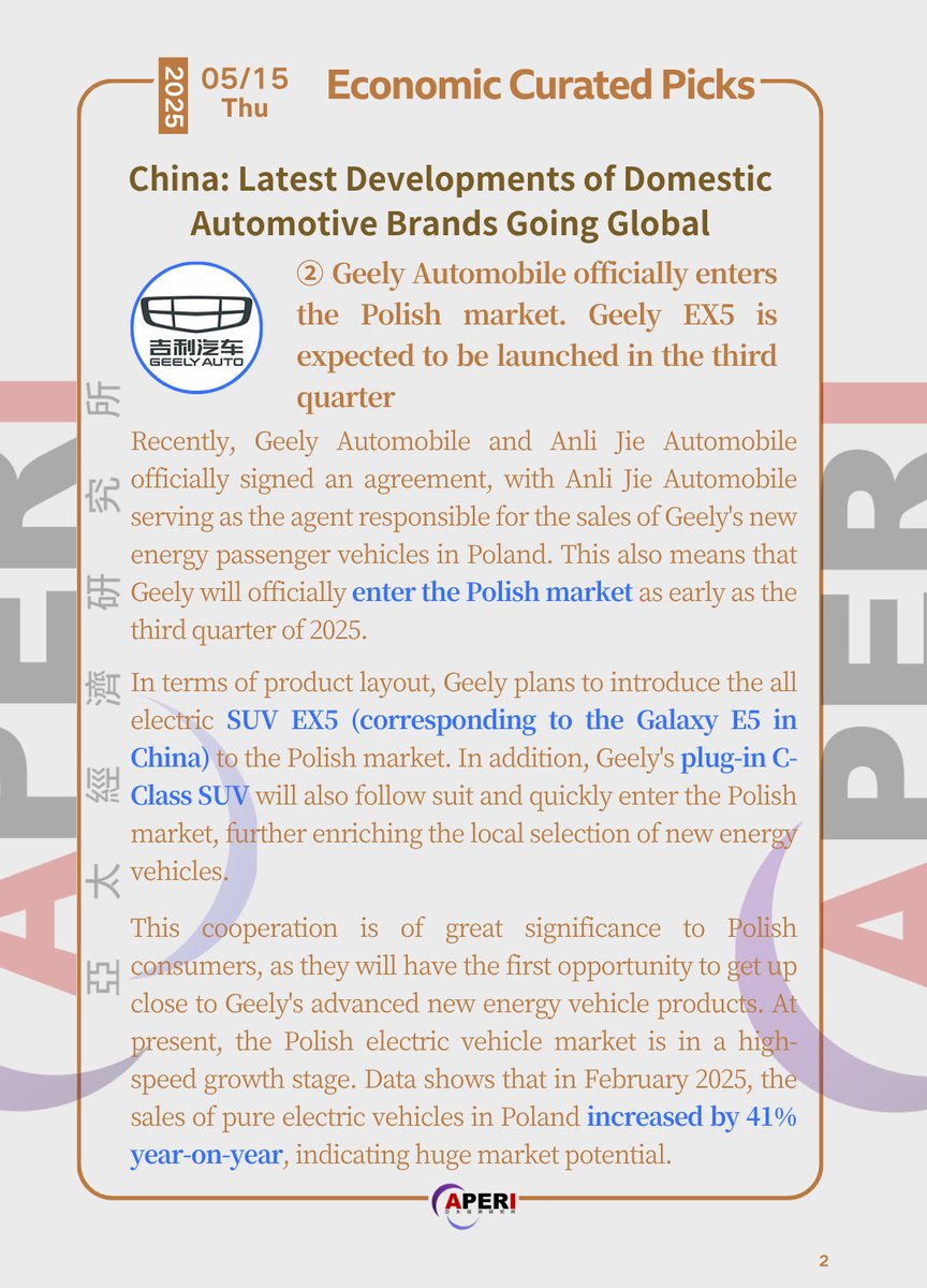 Aperi_Eco's tweet image. 【Economic Curated Picks-20250515-Thu】
China: Latest Developments of Domestic Automotive Brands Going Global 
① #Xiaopeng Motors enters the #Italian market and accelerates its global layout, covering more than ten #European countries. 
② #Geely Automobile officially enters the…