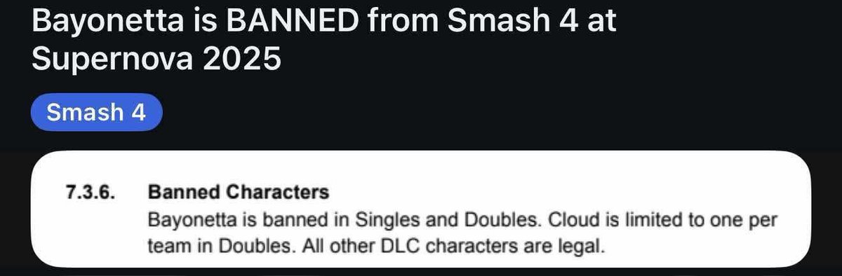 now why is smash 4 bayo banned in singles AND doubles when smashcon is literally all about representing smash games. bayo was never banned in smash 4’s lifetime so it makes no sense to do it now…? MIND YOU, brawl metaknight, the most dominant smash character  in history is open?