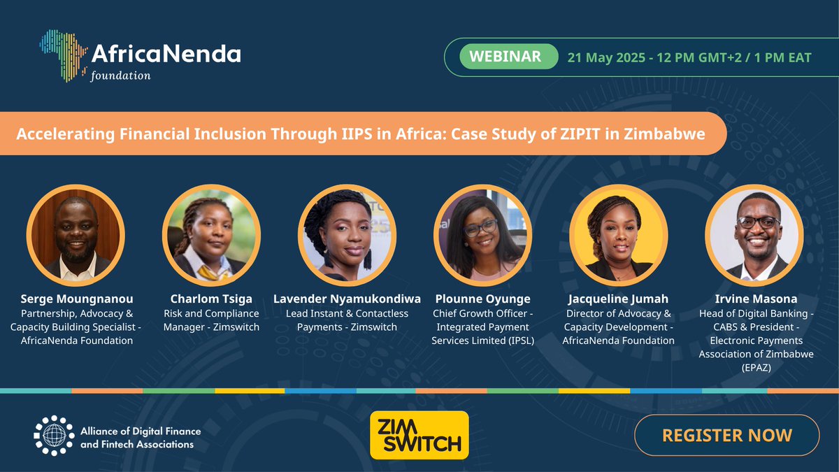AfricaNenda Foundation invites you to a high-level webinar on 21 May 2025 to explore ZIPIT Zimbabwe, a key case study from the SIIPS 2024 report.
We will examine ZIPIT’s implementation journey, challenges, and achievements in driving interoperability, enabling cross-domain