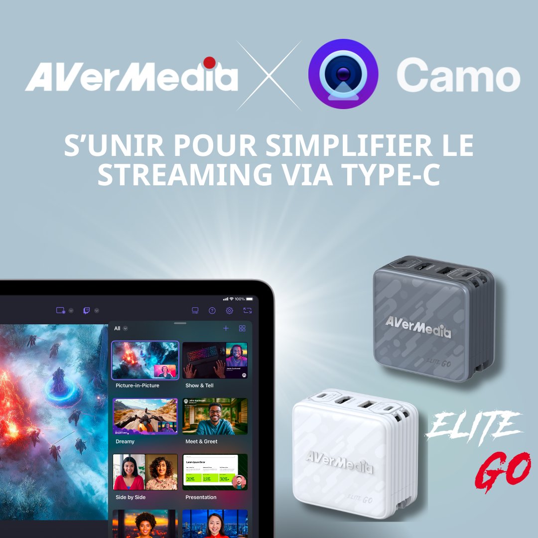 🎉 Grande nouvelle pour les streamers nomades !
AVerMedia s’associe à Camo pour faciliter le streaming mobile.
Avec l’ELITE GO (GC313Pro) et Camo Studio, diffusez vos parties depuis console portable ou appareil Type-C, directement sur iPad ou tablette.
👉 avermediamkt.pse.is/PR_FR