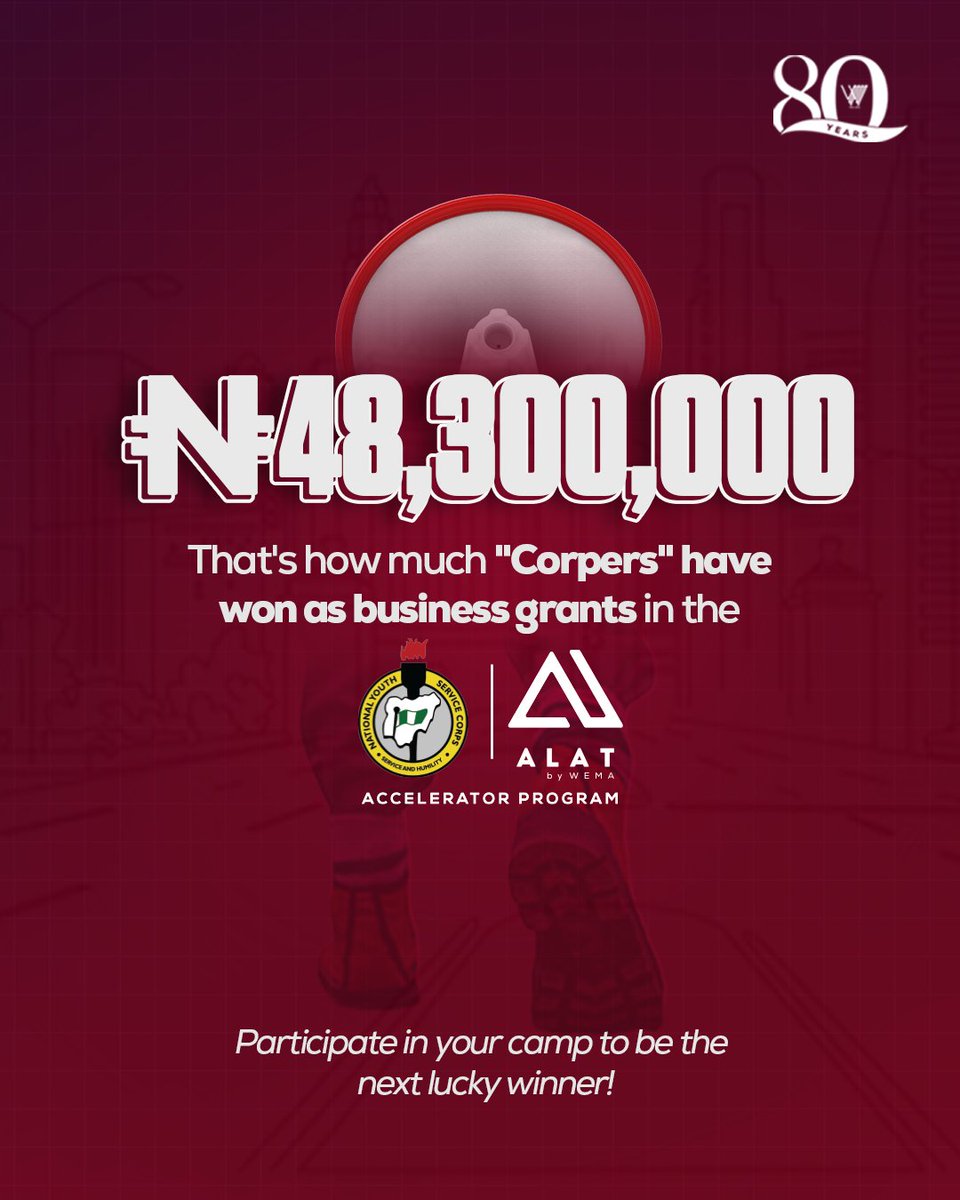 Over ₦48M in business grants awarded!
Corpers nationwide are building their dreams with the ALAT Accelerator Program by Wema Bank.
Will you be next?
Join in your NYSC camp!
#AlatYourDream #AlatCareerFair #WemaBankAt80 #AlatAcceleratorProgram