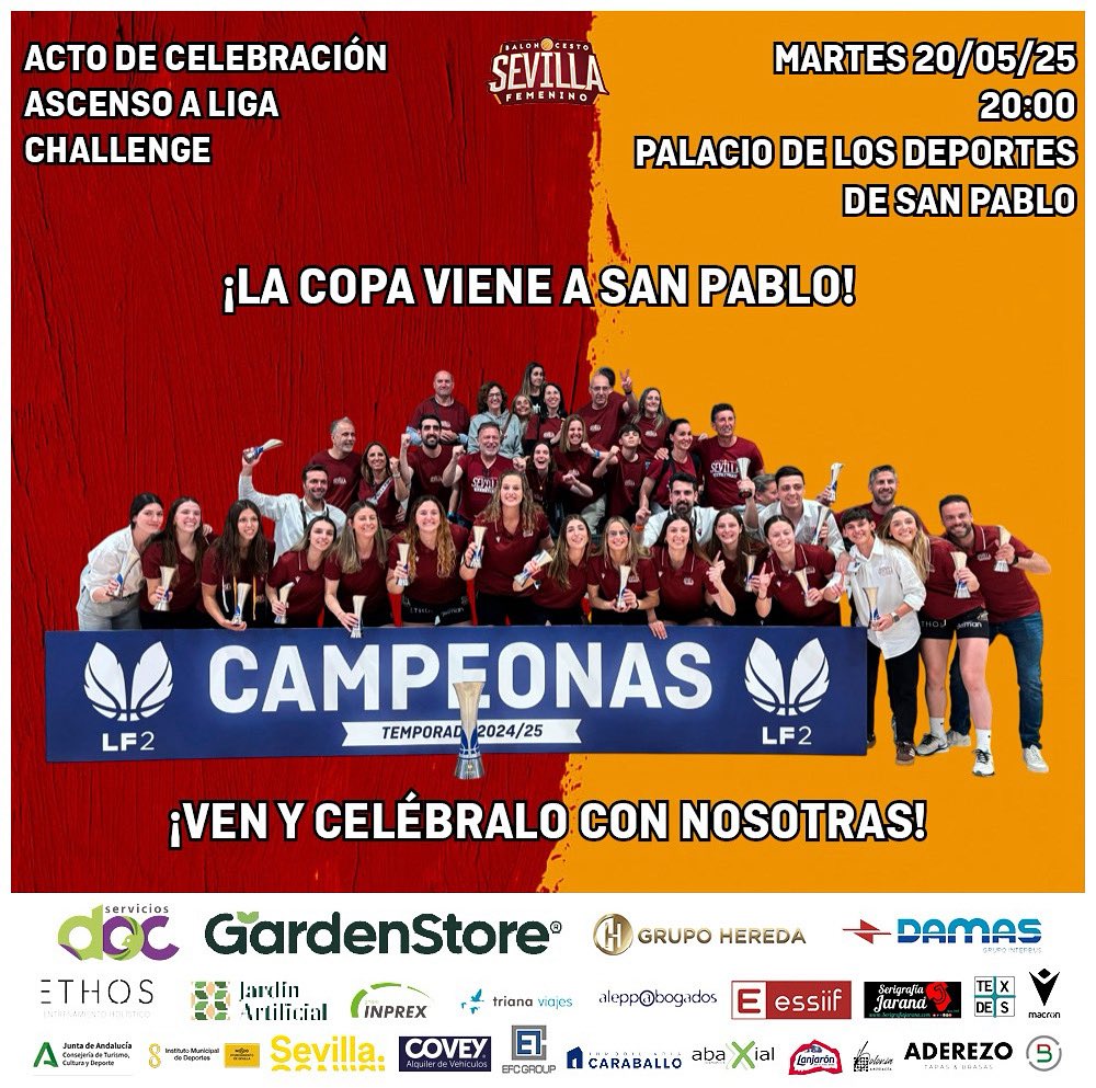 ACTO DE CELEBRACIÓN 🎊🍾

Ven a celebrar con nosotras el ASCENSO A LIGA CHALLENGE 🙌🏽

🗓️ Martes 20 de Mayo 
🏠Palacio de deportes de San Pablo
🕗 20:00h 

Estamos muy ilusionadas de poder celebrar el ascenso con todos vosotros, ¡os esperamos! 🤩
#TodasJuntas