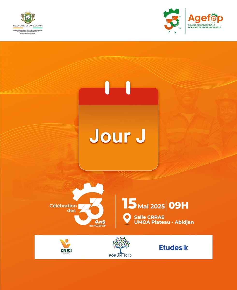 C’est le JOUR J !
33 ans d’expertise, 16 représentations, 65,5% d’insertion, +1550 outils créés, 84% de satisfaction, 14% d’amélioration des revenus.
Aujourd’hui, on célèbre l’impact réel de l’AGEFOP.
📍CRRAE UMOA – Plateau
🔗 agefop.ci/inscription33
#AGEFOP33ans