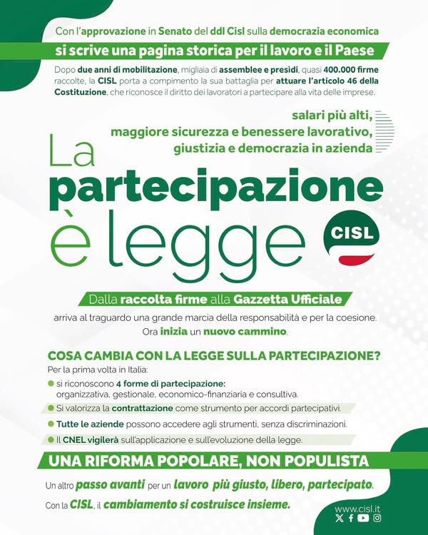 Inas Cisl (@inascisl) on Twitter photo “La Partecipazione è legge”
Poche parole che ci rendono fieri di aver dato anche il nostro contributo a un traguardo storico raggiunto dalla <a href="/CislNazionale/">CISL Nazionale</a>
#unpostoaltavolo “La Partecipazione è legge”
Poche parole che ci rendono fieri di aver dato anche il nostro contributo a un traguardo storico raggiunto dalla <a href="/CislNazionale/">CISL Nazionale</a>
#unpostoaltavolo