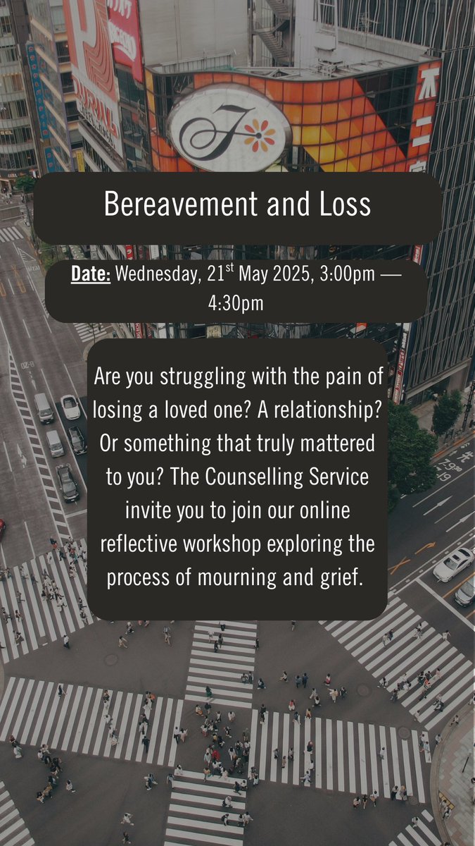 Are you struggling with the pain of losing a loved one? A relationship? The Counselling Service invite you to join our workshop exploring the process of mourning and grief.  💜

 📅When: Wednesday 21st May at 3 – 4:30pm

 👉Book your place here: my.bbk.ac.uk/ords/f?p=832:1…