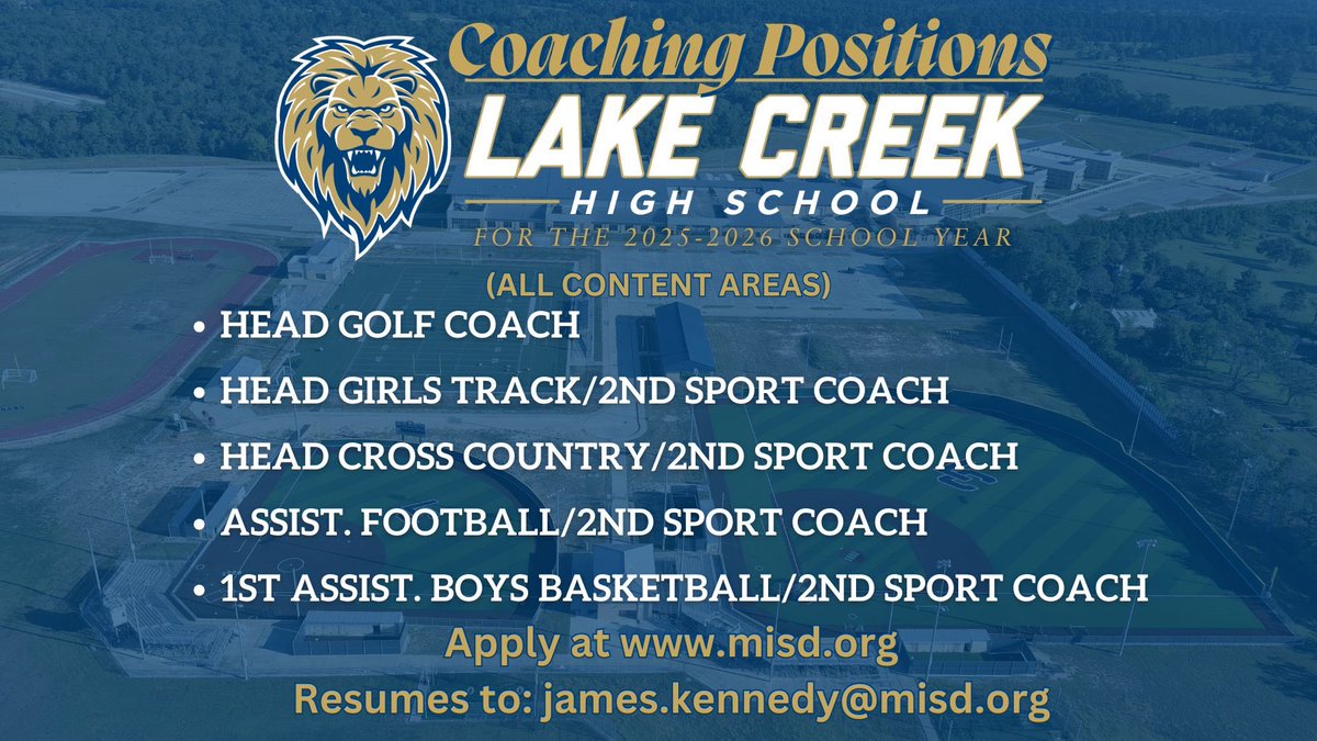 <a href="/LakeCreekHS/">Lake Creek High School</a> is looking for some GREAT LEADERS to join our AWESOME coaching staff!!!  #BuildingChampions 

✅ Culture Builders
✅ High Energy
✅ Kid Magnets
✅ Develops Total Athlete
✅ Great Teachers

<a href="/CoachPatKennedy/">Pat Kennedy</a> 
<a href="/coachrochinski/">Michelle Rochinski</a> 
<a href="/lions_trw/">Tim Williams</a> 
<a href="/Matt_Stepp817/">Matt Stepp</a> 
<a href="/AustinTGCA/">TGCA</a>