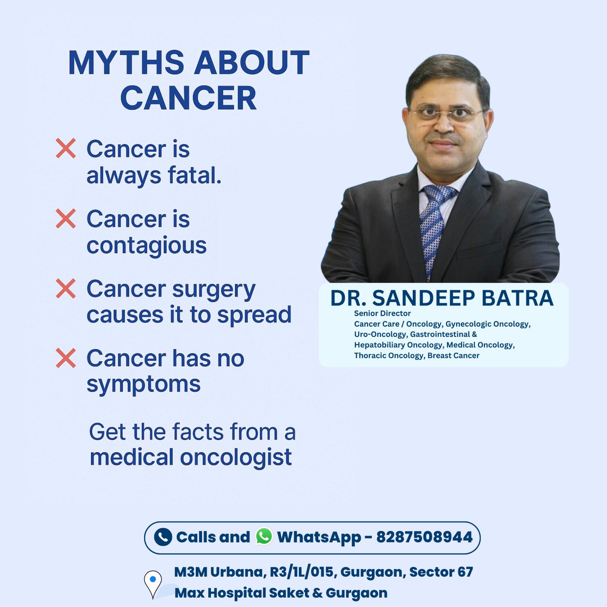MYTHS ABOUT CANCER

Dr. Sandeep Batra
Consultant:- Cancer Expert
Contact us at 📲8287508944
Visit us 📍M3M Urbana, R3/1L/015, Gurgaon, Sector 67 Max Hospital Saket &amp; Gurgaon

#drsandeepbatra #mythvsfact #cancer #fatal #causes #spread