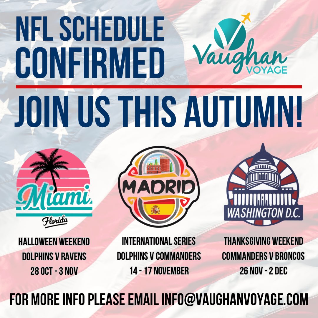 NFL is back!

Miami 🇺🇸🎃 
Madrid 🇪🇸🌍
Washington DC 🇺🇸🦃

The choice is yours! For further information, please get in touch.👇

info@vaughanvoyage.com